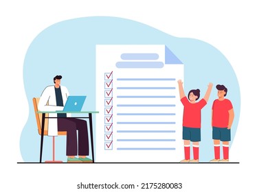 Kids getting approval of doctor for physical education lessons. Medical card with checkboxes, happy children in sports uniform flat vector illustration. Education, health, fitness concept for banner