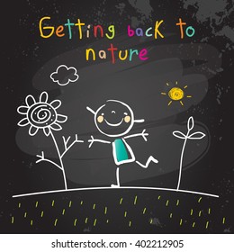 Kids getting back to nature, summer holiday concept vector illustration. Educational chalk on blackboard doodle, sketch. 