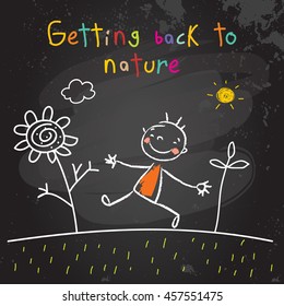 Kids getting back to nature, summer holiday concept vector illustration. Educational chalk on blackboard doodle, sketch. 