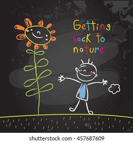 Kids getting back to nature, summer holiday concept vector illustration. Educational chalk on blackboard doodle, sketch. 