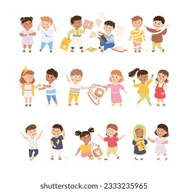 Kids getting bullied by classmates at school set. Hoodlum naughty children offending boys and girls. Mockery and bullying cartoon vector illustration