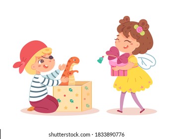 Kids getting Christmas or birthday presents. Boy and girl receiveing and opening gifts from parents or santa. Dinosaur toy brings joy and happiness on holiday. Congatulation vector illustration.