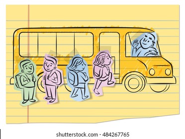 Kids Getting On The Bus For The First Day Of School.