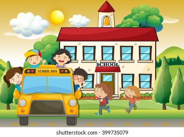 Kids getting on a school bus