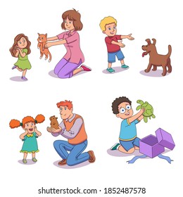 Kids getting pets for birthday presents set. Boys and girls receiveing and opening gifts from parents. Cute dog, cat, turtle bring joy and happiness on holiday. Congatulation vector illustration.