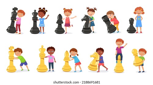 Kids with giant chess figures. Cartoon child playing chess game with huge pawn, horse and king figure vector Illustration set. Intelligent boys and girls developing logic, taking part in tournament