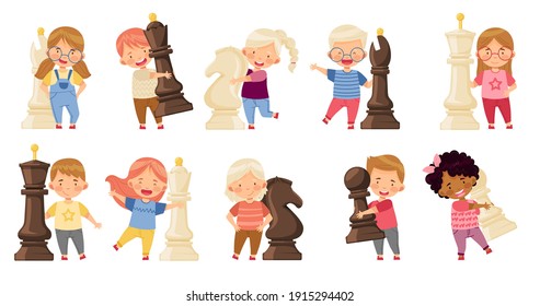 Kids with Giant Chess Piece or Chessman Vector Set