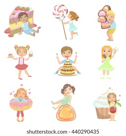 Kids And Giant Sweets Set Of Simple Design Illustrations In Cute Fun Cartoon Style Isolated On White Background
