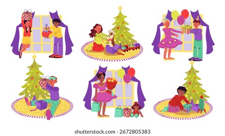 Niños con concepto de cajas de regalo para el Diseño web moderno. Colección con la celebración de la gente, niñas y niños sosteniendo regalos, dando y tomando paquetes en cumpleaños o Navidades. Ilustración vectorial.