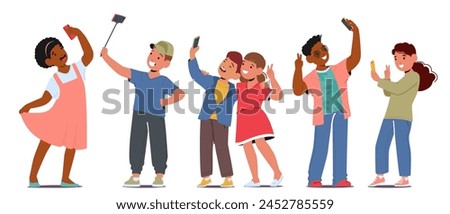 Kids Giggling, Huddling Close, Capturing Joy In A Shared Selfie Moment, Faces Beaming With Innocence And Friendship, Boys and Girls Characters Freezing A Memory Forever. Cartoon Vector Illustration