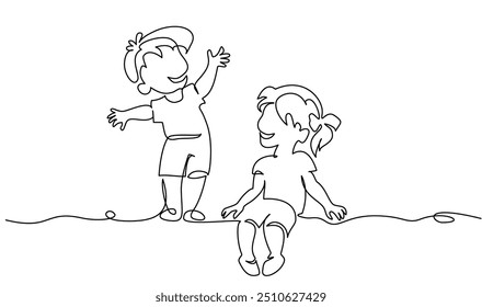 Menina e irmã de menino conversando. Desenho contínuo de uma linha. Ilustração gráfica vetorial de design de desenho de linha única