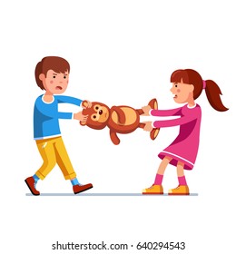 Kids girl and boy brother & sister fighting over a toy. Tearing teddy bear apart pulling it holding legs and head. Flat style character vector illustration isolated on white background.