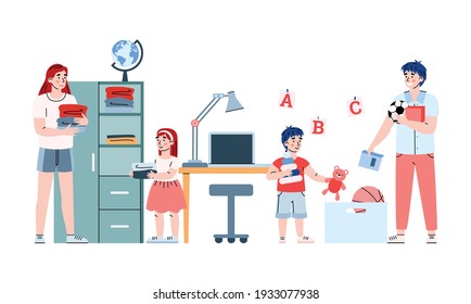 Kids girl and boy help parents housework. Mother and daughter folding clean clothes in wardrobe father and son put toys in box. Family together activity. Vector cartoon illustration
