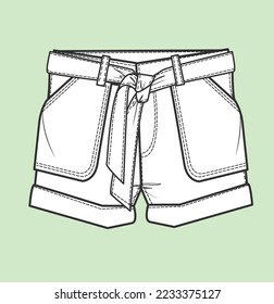 Kids, girl denim short with belt and side pocket flat sketch illustration