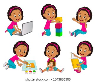 kids, girl  different activities collection,illustration,vector