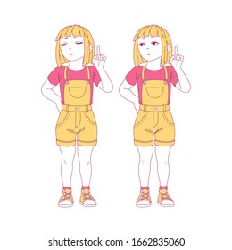 Se han establecido ilustraciones de vector plano para niñas. los niños con ropa informal saludan con gesto. escolares, personajes de dibujos animados 