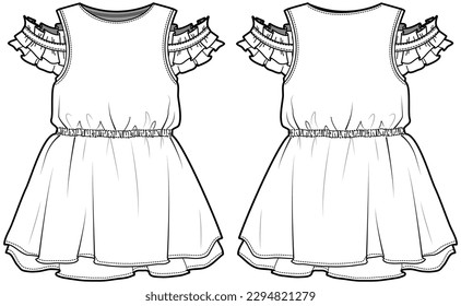 Niñera Frilled Sleeve Cold Shoulder Vestido con Lágrima, Vista frontal y trasera. Moda Ilustración, Vector, CAD, Dibujo Técnico, Plano Plano, Plantilla, Trampa.	