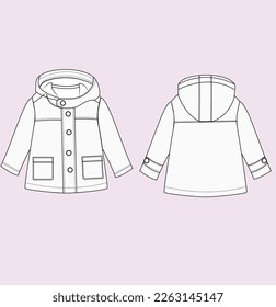 kids girl heavy winter jacket with hoody flat sketch illustration