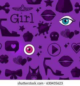 Kids girl interests are symbols. Seamless pattern background. Colored Vector illustration.