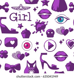 Kids girl interests are symbols. Seamless pattern background. Colored Vector illustration isolated on white background.