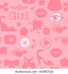 Kids girl interests are symbols. Seamless pattern background. Colored Vector illustration  on pink background.