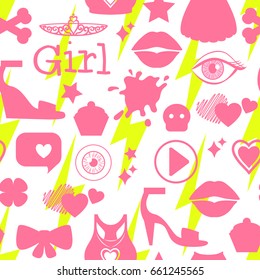 Kids girl interests are symbols. Seamless pattern background. Colored Vector illustration isolated on white background.