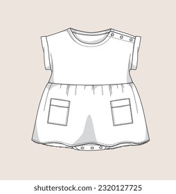 kids girl A line dress, shirt style dress flared dress flat sketch illustration