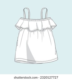 kids girl A line dress, shirt style dress flared dress flat sketch illustration