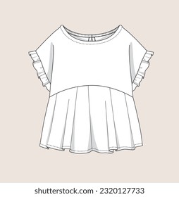 kids girl A line dress, shirt style dress flared dress flat sketch illustration