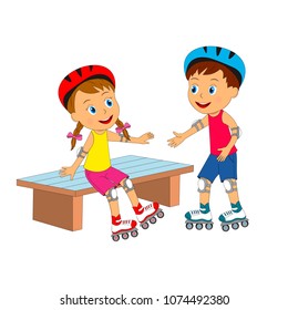 kids, girl sit on the bench and boy takes her hand for rollerskating,illustration,vector