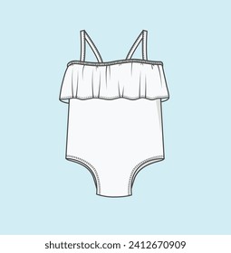 kids girl swimwear flat sketch illustration swim shorts, bodysuits, swim briefs, swimsuits, tankinis, bikinis, swim tops, monokinis