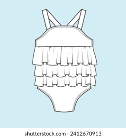 kids girl swimwear flat sketch illustration swim shorts, bodysuits, swim briefs, swimsuits, tankinis, bikinis, swim tops, monokinis