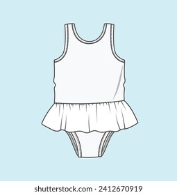 kids girl swimwear flat sketch illustration swim shorts, bodysuits, swim briefs, swimsuits, tankinis, bikinis, swim tops, monokinis