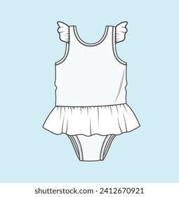 kids girl swimwear flat sketch illustration swim shorts, bodysuits, swim briefs, swimsuits, tankinis, bikinis, swim tops, monokinis