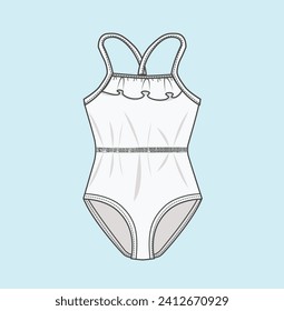 kids girl swimwear flat sketch illustration swim shorts, bodysuits, swim briefs, swimsuits, tankinis, bikinis, swim tops, monokinis