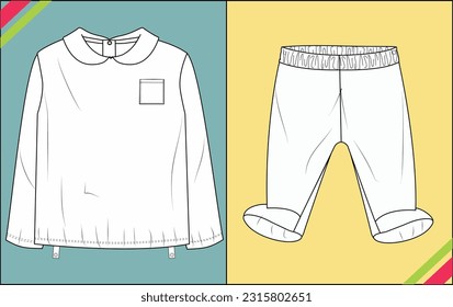KIDS GIRL TOP AND BOTTOM SET TSHIRT WITH PANTS TECHNICAL FASHION FLAT SKETCH