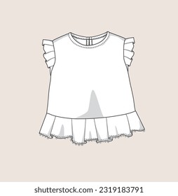 kids, girl t-shirts, woven top, blouse, vest, tee, pullover flat sketch illustration