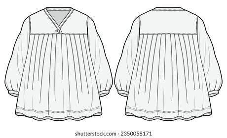 Kids Girls Bishop Sleeve V-Neck Empire Line Frill Frock Dress Front and Back View. Fashion Flat Sketch Vector Illustration, CAD, Technical Drawing, Flat Drawing, Template, Mockup.