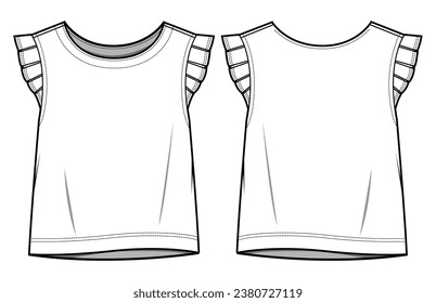 Camiseta de la camiseta de la manga de los niños   Vista frontal y posterior. Ilustración de vectores de sketch plano de moda, CAD, dibujo técnico, plano plano, plantilla, mordaza.