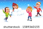 Kids girls, boys friends playing snowball fight together. Children snowballing game, happy trowing snow balls, hiding behind barrier. Winter season outdoor activity. Flat vector character illustration