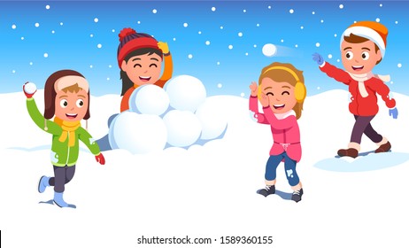 Kids girls, boys friends playing snowball fight together. Children snowballing game, happy trowing snow balls, hiding behind barrier. Winter season outdoor activity. Flat vector character illustration