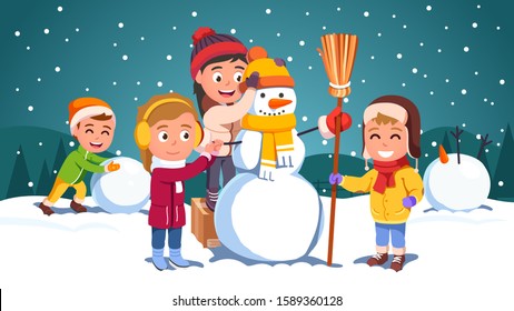 Kids girls, boys friends team building, decorating snowman play game making snowballs together. Children in warm clothes winter season snow weather outdoor activity. Flat vector character illustration