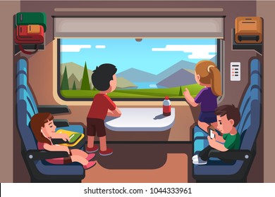 Kids girls & boys traveling by train together. School students group going on summer holiday road trip. Passenger rail car interior. Children looking out of window. Flat style vector illustration