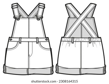 Kids Girls Denim Skirt Dungarees, Infant Jumpsuit Front and Back View. Fashion Illustration, Vector, CAD, Technical Drawing, Flat Drawing, Template, Mockup.