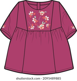 KIDS GIRLS EMBROIDERED SMOCK DRESS VECTOR SKETCH