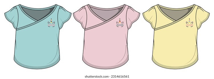 Kids, Girls Frill Flared Cup Sleeve Layered Top with Unicorn Chest Print, Girls Unicorn T Shirt  Fashion Illustration, Vector, CAD, Technical Drawing, Flat Drawing, Template, Mockup.