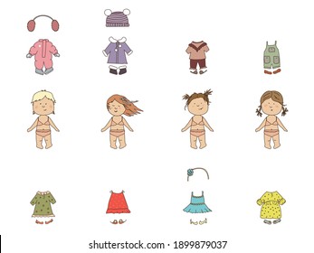 Kids girls hand drawn fashion sets for diferent seasons