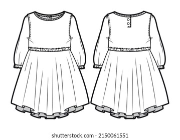 Kids Girls Long Sleeve Layered Short Frock, Baby Girl Layered Short Dress Front and Back View Fashion Illustration Vector, CAD, Technical Drawing.