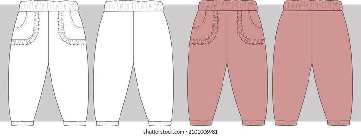 Kids Girls pant with ruffle pocket flat sketch