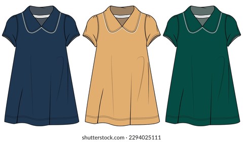 Kids Girls Peter Pan Collar Short Sleeve Shift Dress Color Set  Fashion Illustration, Vector, CAD, Technical Drawing, Flat Drawing, Template, Mockup	